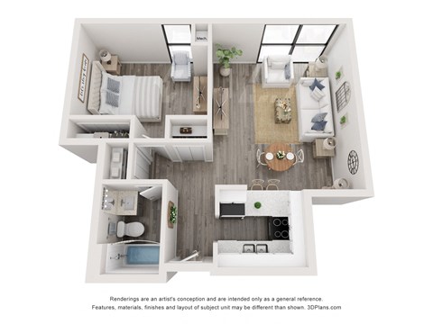 Floor plan for 1 bed, 1 bath, 698 sqft